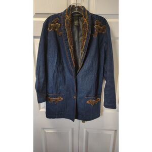 Vintage 1992 I.B. Diffusion Beaded Denim Blazer Jacket Sz 4 Statement Boho